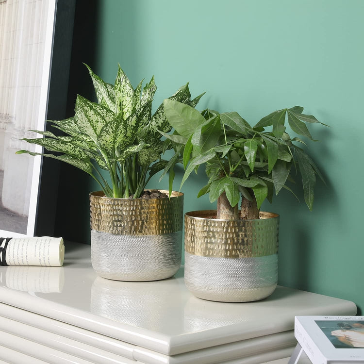 Set of 2, Metallic Indoor Planter Pot, Cylindrical Hammered Gold and Milled Embossed Silver Tone Metal Planter Vase-MyGift