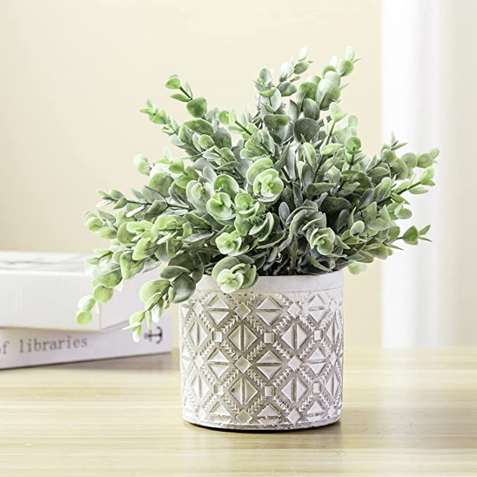 Artificial Plants in Concrete Pot Fake Potted Plants for Home Living Room Office Décor, Artificial Potted Eucalyptus Boxwood Plant Faux Greenery-MyGift