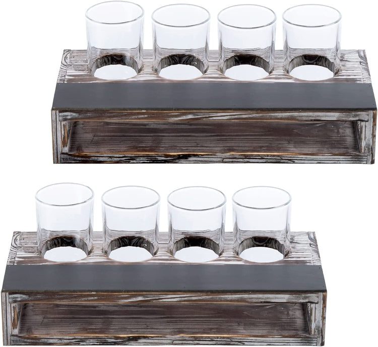 Set of 2, Beer Sampler Tray Torched Wood Serving Set with 4 Glasses and Erasable Chalkboard Label, Beer Tasting Flight-MyGift