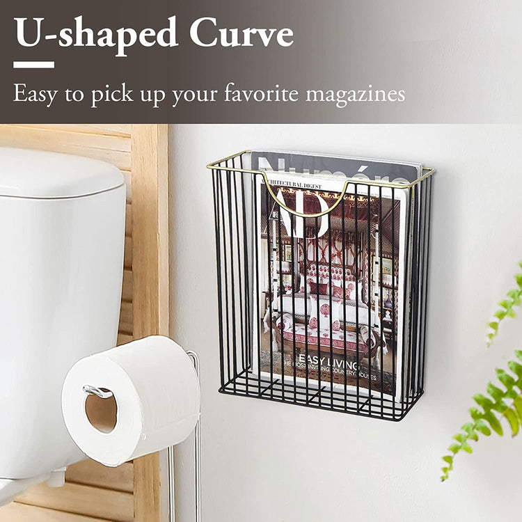 Art Deco Style Matte Black Metal Wire Magazine Rack with Brass Tone Rim, Wall Mounted Holder Storage Basket for Mail-MyGift