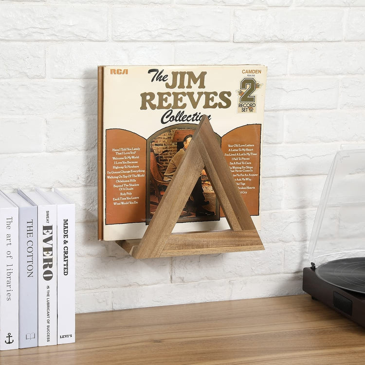Acacia Wood Triangle Vinyl Record LP Album Holder Wall Mounted Display Rack-MyGift