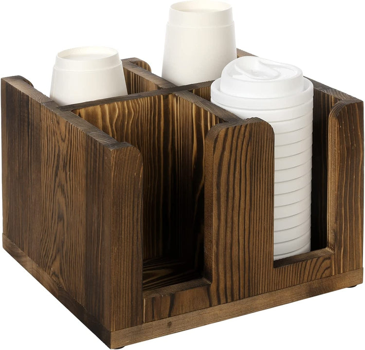 Burnt Wood Coffee To Go Cup and Lid Dispenser Organizer Rack, Tabletop Café Bar Drink Station Accessories Server Caddy-MyGift