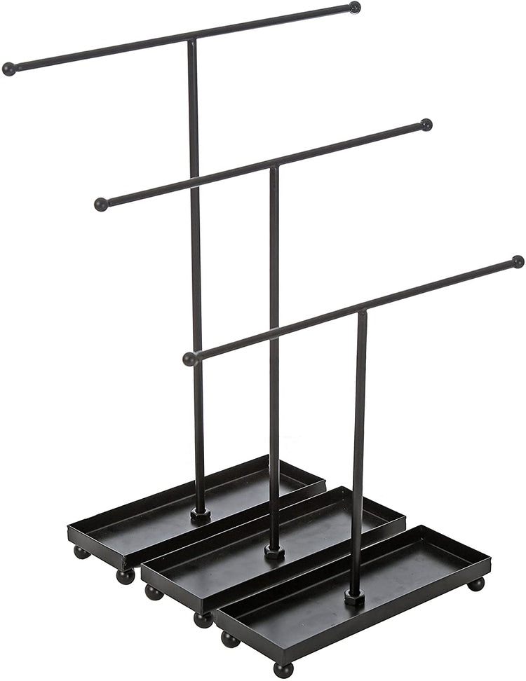 Set of 3 Modern Black Metal Jewelry Display Tree Rack with Ring Tray, Tabletop Bracelet and Necklace Organizer-MyGift