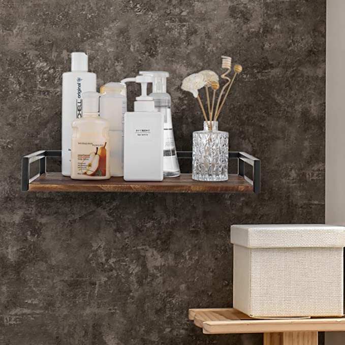 Burnt Wood Floating Shelf, Wall Mounted Collectible Display Rack with Black Metal Rails-MyGift