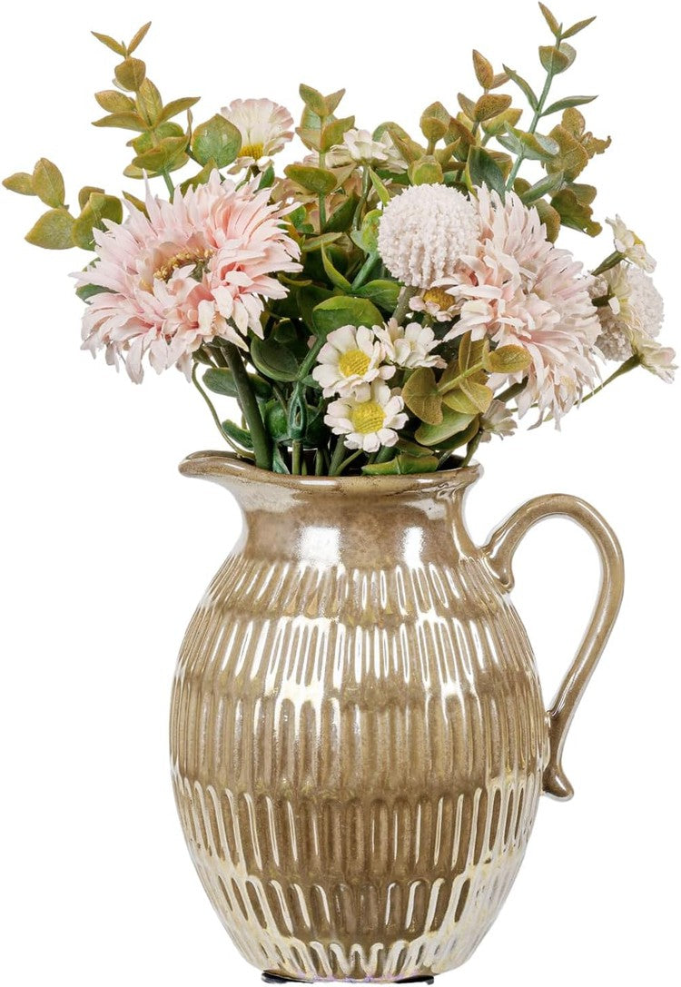Vintage Small Jug Flower Vase with Brass Glazed Finish, Vertical Ribbed Ceramic Tabletop Pitcher Floral Vase-MyGift