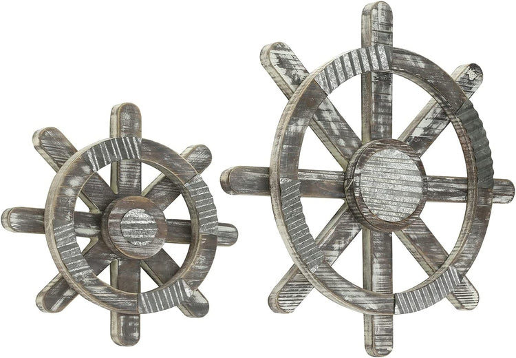 Set of 2, Torched Wood and Galvanized Metal Wall Mounted Boat Steering Wheels, Hanging Nautical Décor-MyGift
