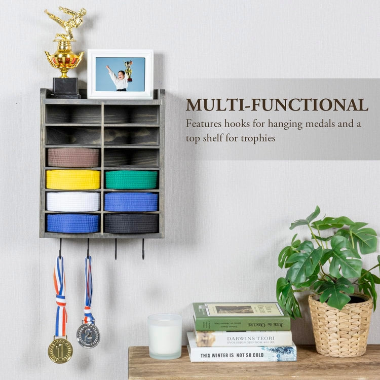 Weathered Gray Wood Wall Mounted Martial Arts Belt Holder with Trophy Display Shelf Metal Hanging Hooks for Medals-MyGift