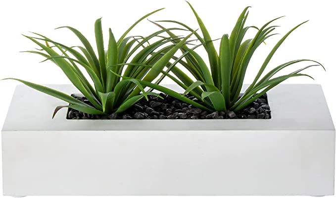 Tabletop Artificial Green Grass Plants in 10 Inch White Wood Rectangular Planter Pot-MyGift