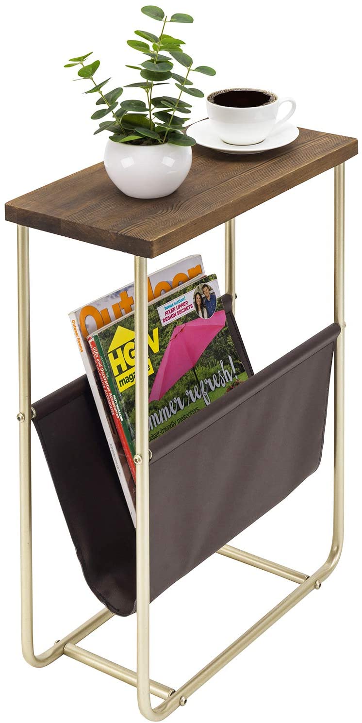 Dark Brown Burnt Wood and Brass Tone Metal Side Table with Leatherette Magazine Holder Sling-MyGift