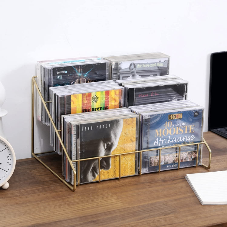 Modern Disc Organizer Display Stand, 3 Tier Brass CD Holder Storage Rack-MyGift