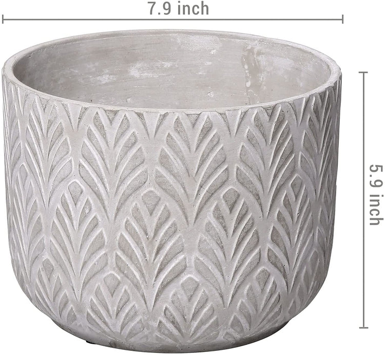 8 inch Gray Round Cement Succulent Planter, Garden Flower Pot with Embossed Tropical Palm Leaf Pattern Design-MyGift