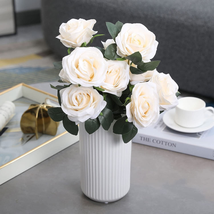 Artificial White Roses with Stem Fake Flowers Bouquet and White Ceramic Vase with Vertical Ribbed Embossed Pattern-MyGift