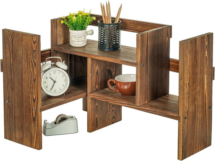 Brown Wood Desktop Shelf, Bookshelf Organizer Stand, Home or Office Desk Storage Shelving Rack-MyGift