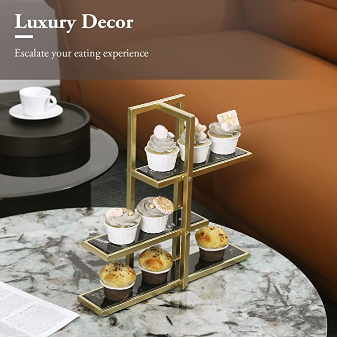 3 Tier Rectangular Dessert Display Holder, Black Marble and Gold Metal –  MyGift