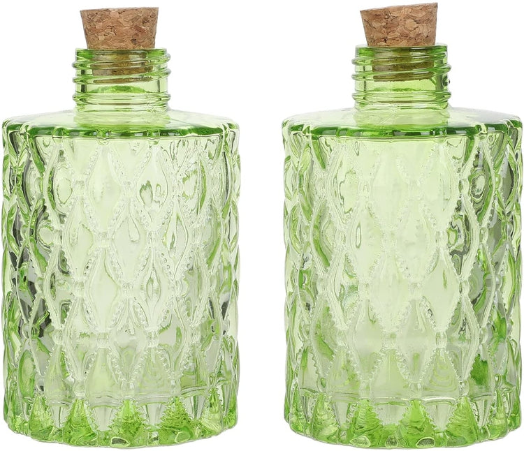 Set of 2, Green Glass Reed Diffuser Bottle with Textured Design, Flower Bud Vase with Quilted Diamond Pattern, Cork Lids-MyGift