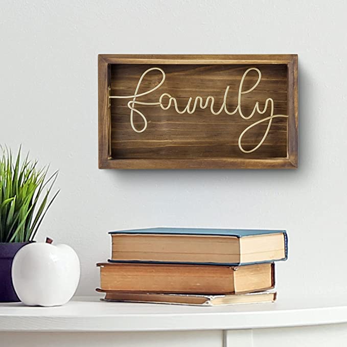 Burnt Solid Wood Framed Wall Art Sign with Brass Tone Metal Wire Cursive Family Word Sign-MyGift