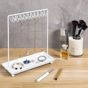 14 Inch 20-Hook White Metal Necklace Display Organizer with Ring Tray, Jewelry Storage Rack-MyGift