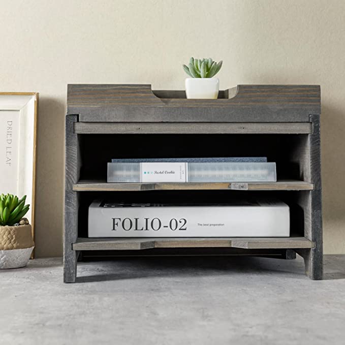 Gray Wood Desktop Paper Tray Document Organizer, Desk File Folder Holder Rack w/ 2 Compartments & Removable Office Supplies Tray-MyGift