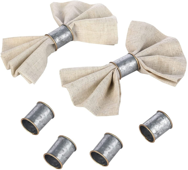 Farmhouse Napkin Rings, Rustic Galvanized Metal Dining Napkin Rings with Brass Tone Rim-MyGift