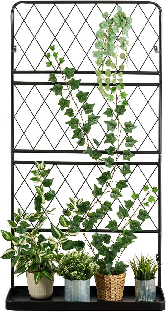 Freestanding Matte Black Metal Wire Diamond Lattice Support Frame Trellis with Climbing Vine Pot Holder Bottom Tray-MyGift