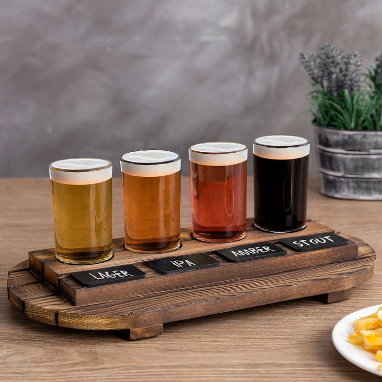 Dark Brown Slatted Wood Beer Flight Sampler Tray with 4 Glass Cups and Chalkboard Labels-MyGift