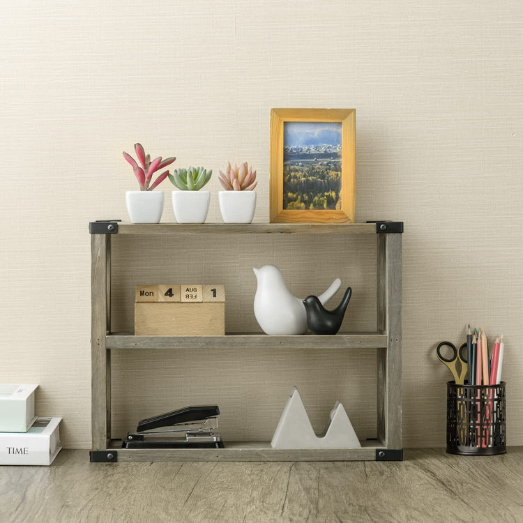 Wall Mounted Kitchen Open Shelving, 3 Tier X-Cross Gray Brown Wood Floating Shelves with Black Metal Corner Wraps-MyGift