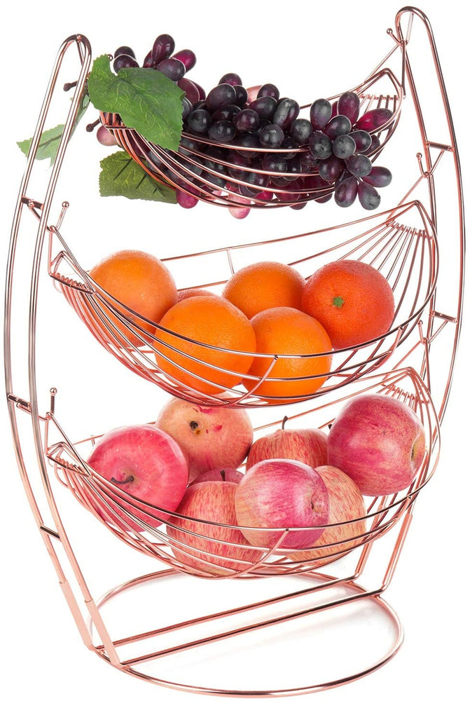 3-Tier Rose Gold-Tone Metal Hammock-Style Produce Fruit Storage Baskets-MyGift