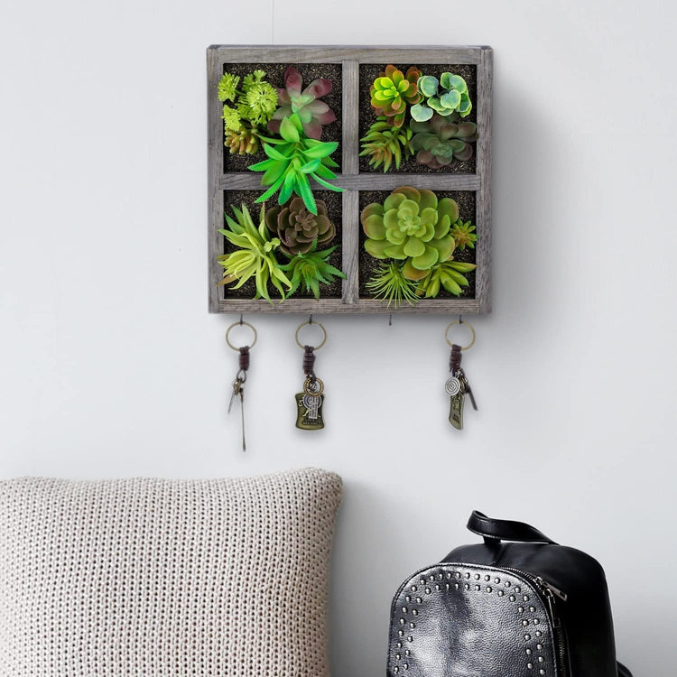 Gray Wood Grid Design Wall Mounted Artificial Succulent Decorative Entryway Wall Art with 4 Key Storage Hooks-MyGift