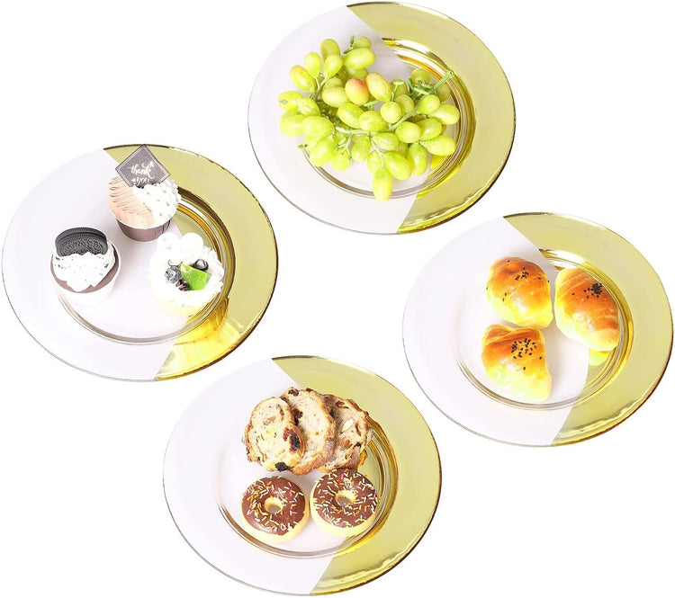 Set of 4, 10.5 Inch Glass and Gold Metallic Dipped Round Dinner Plates-MyGift
