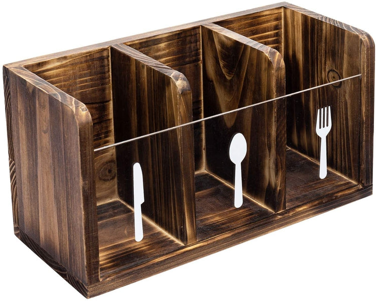 Torched Wood Flatware Caddy with Clear Acrylic Front Panel, Dining Utensils Holder, Cutlery Storage Organizer Bin-MyGift
