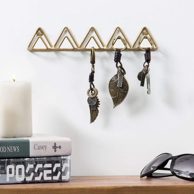 Gold Metal Wire Entryway Rack w/ 5-Hooks & Modern Triangle Design-MyGift