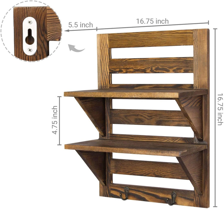 Dark Brown, 2-Tier Wall Mounted Wood Floating Shelf Rack with 2 Key Hooks-MyGift