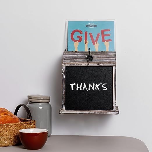 Brown Wood Suggestion Box with Chalkboard Panel and Removable Clear Acrylic Sign Holder, Lockable Box-MyGift