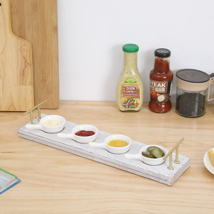 Whitewashed Wood Serving Tray with Brass Tone Handles and 4 Mini White Ceramic Handled Bowls for Dips, Sauces-MyGift