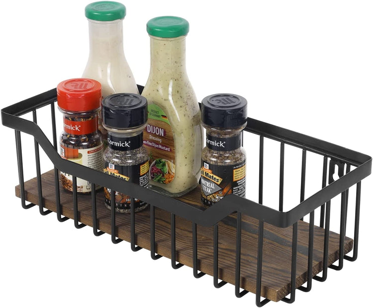 3 Tier Industrial Spice Rack, Matte Black Metal and Burnt Wood