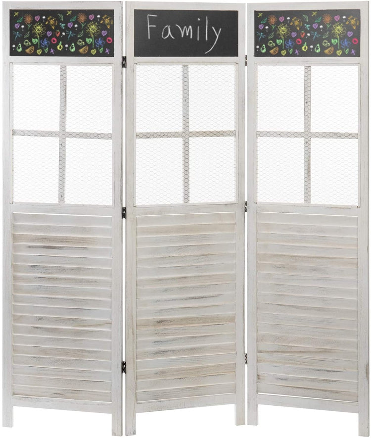 3-Panel White Distressed Room Divider with Chicken Wire and Chalkboard Panels-MyGift