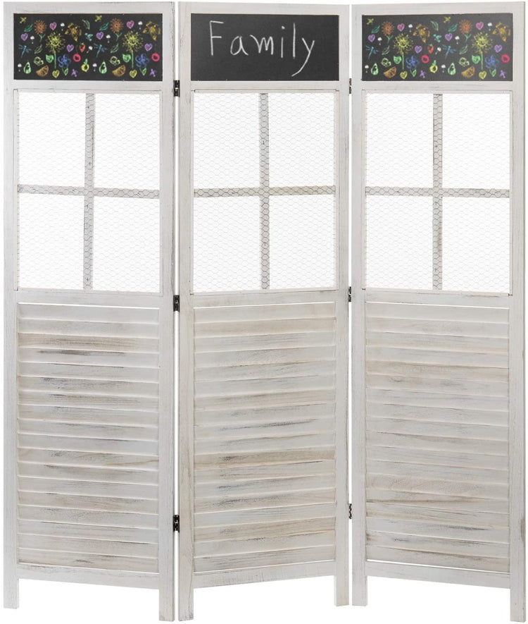 3Panel White Distressed Room Divider with Chicken Wire and Chalkboard