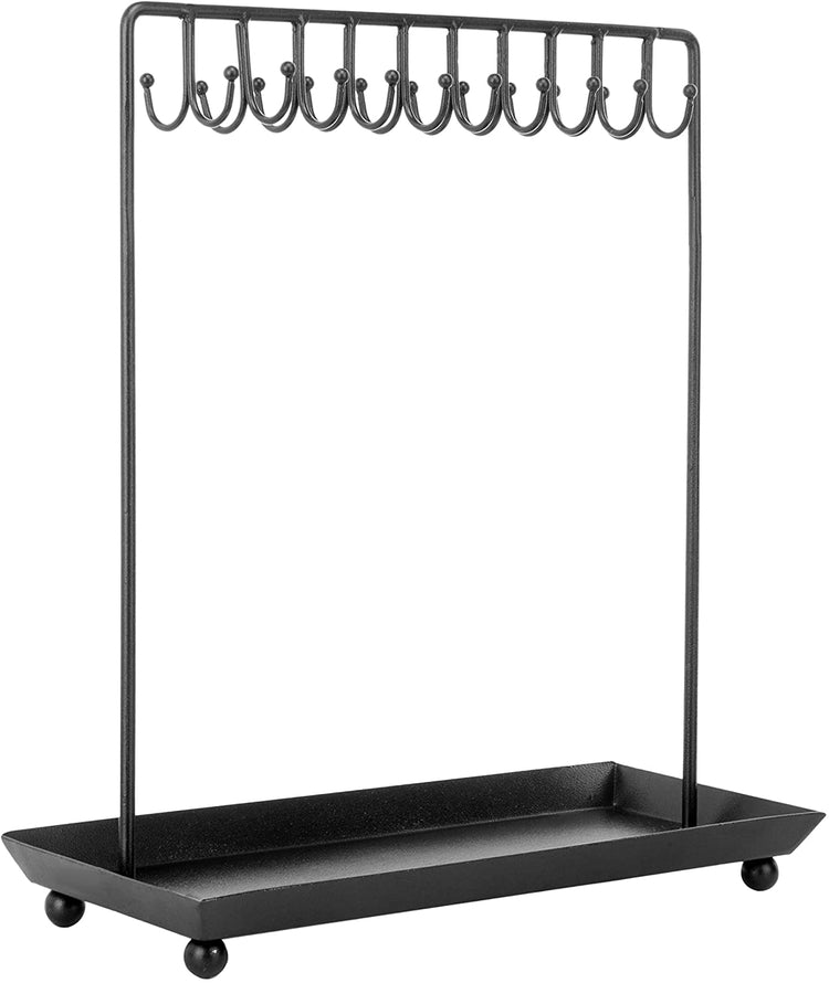 Tabletop Black Metal Jewelry Display Stand with 20 Necklace Hook and Ring & Bracelet Tray-MyGift