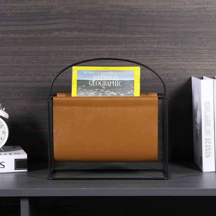 Magazine Holder with Industrial Black Metal Frame and Caramel Brown Leatherette Sling, Standing Storage Organizer-MyGift