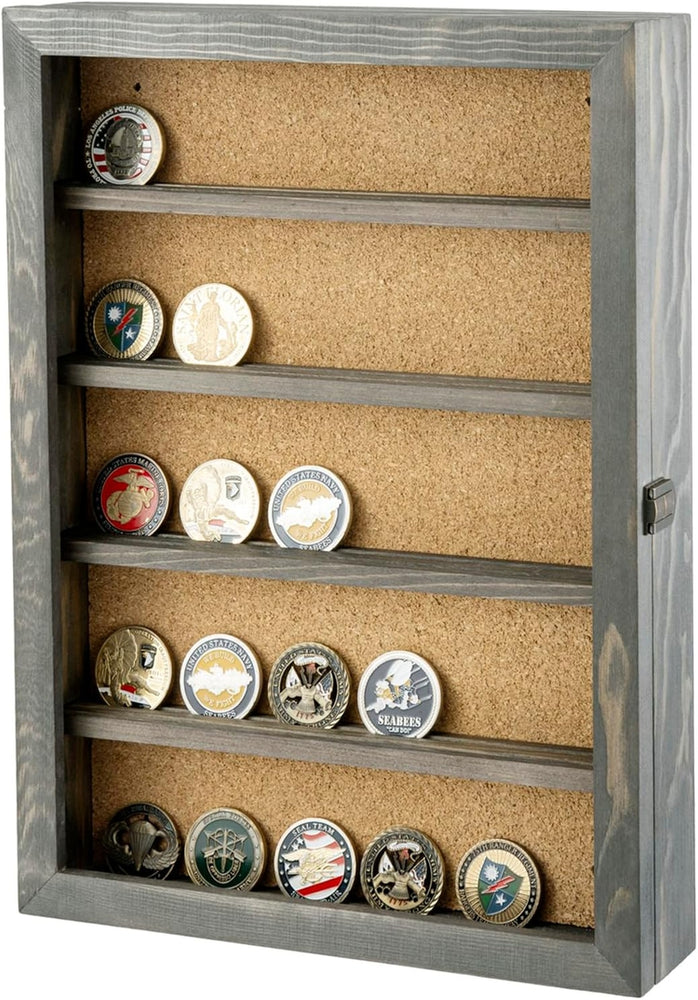 Gray Solid Wood Challenge Coin Display Case, Wall Mounted Hanging Shadow Box-MyGift