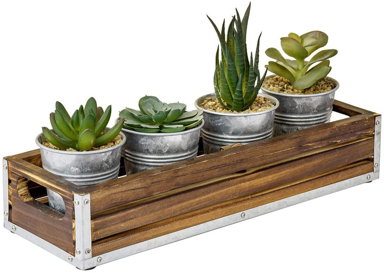 Assorted Mini Artificial Succulent Plants in Galvanized Metal Planter Pots in Burnt Wood Rectangular Display Box-MyGift