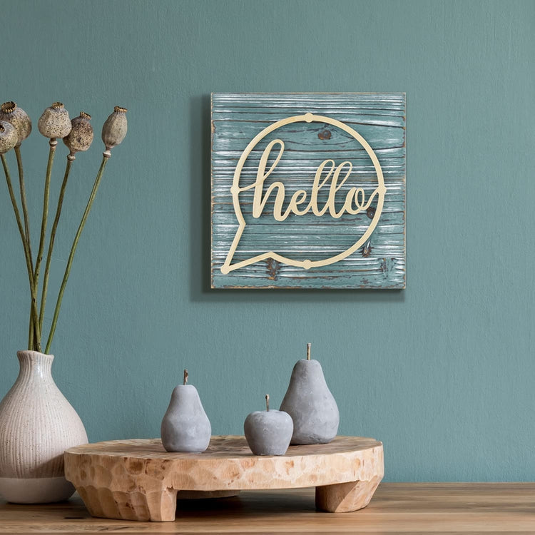 Distressed Weathered Green Wood and Brass Metal Wall Mounted hello Letter Sign Hanging Entryway Decoration-MyGift