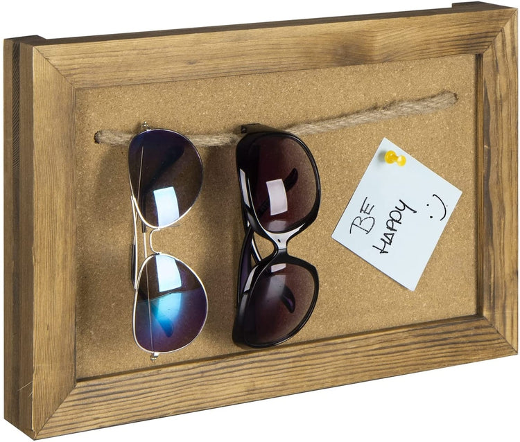 Sunglasses Wall Mounted Organizer, Burnt Wood Framed Eyewear Rack with Cork Bulletin Board with Hanging Rope-MyGift