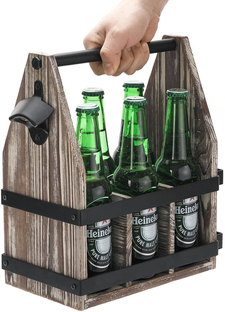 Torched Wood and Black Metal 6-Slot Beer Caddy Carrier with Bottle Ope –  MyGift