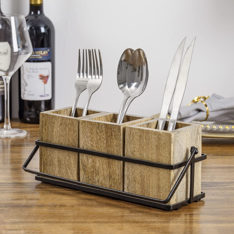 Mango Wood Flatware Holder with Black Metal Wire Tray, Kitchen Countertop Dining Utensil Caddy-MyGift