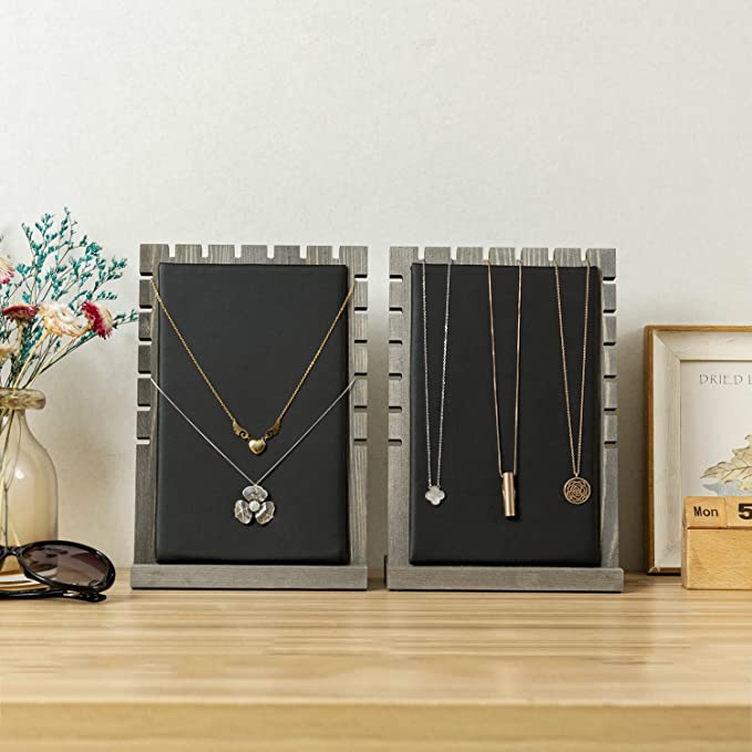 Gray Wood Necklace Display with Black Padded Mat on Removable Board, Tabletop Bracelet Easel Rack, Set of 2-MyGift