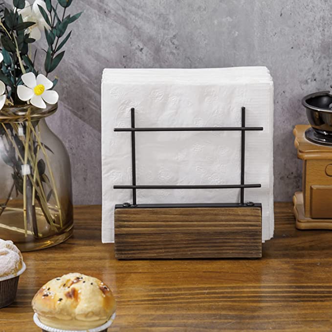 Napkin Holder Freestanding Metal Tabletop Tissue Dispenser with Brown Wood Base and Matte Black Metal Wire Grid-MyGift