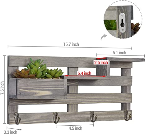 Vintage Gray Wood Key Rack for Wall Entryway with Tiered Shelving and Artificial Succulent Planter Box-MyGift