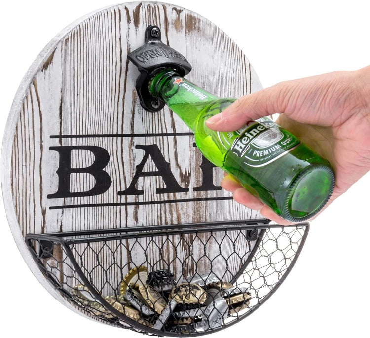 Vintage Bar Sign, Whitewashed Wood Wall Decor and Metal Bottle Opener and Mesh Wire Bottle Cap Catcher Basket-MyGift
