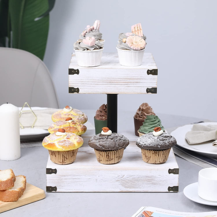 2 Tier Whitewashed Wood Cupcake Stand, Square Wood Tiered Dessert Stands with Industrial Pipe and Metal Corner Accents-MyGift